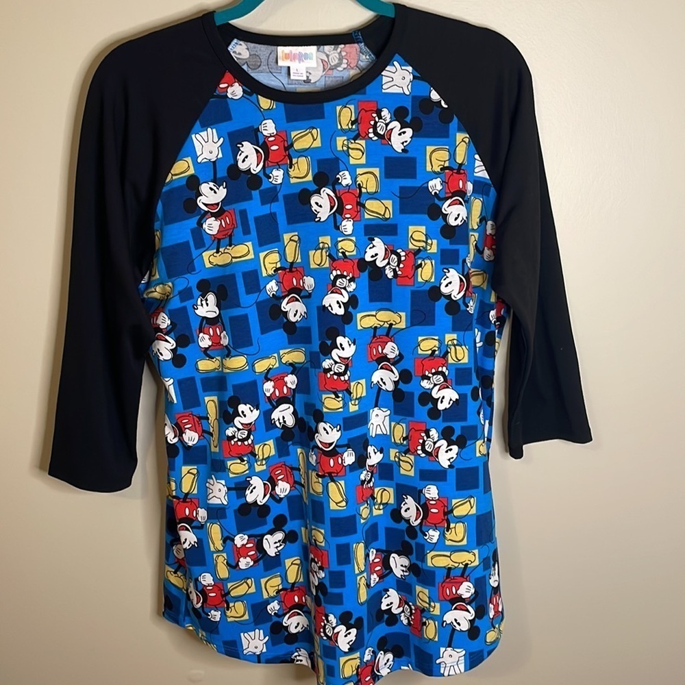 LULAROE Mickey Mouse‎ Expressions Top Blue 3/4 Sleeve Size L